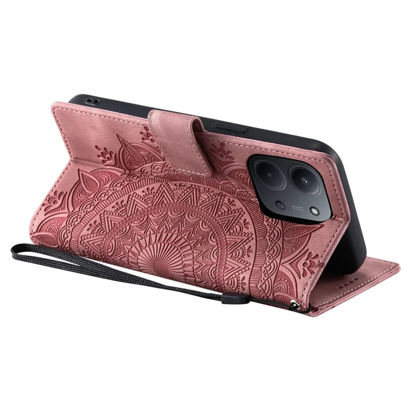For Xiaomi Redmi 15C 5G (EU) (173mm) / 15C 4G (EU) (173mm) Case Imprinted Totem Skin Feel Wallet Leather Phone Cover with Hand Strap - Rose Gold