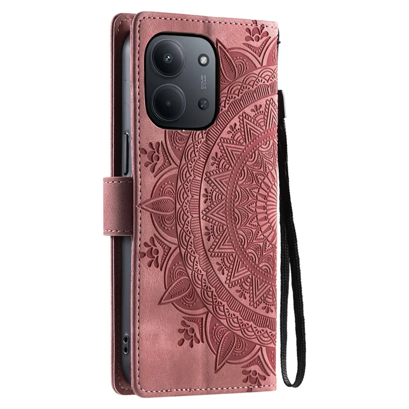 For Xiaomi Redmi 15C 5G (EU) (173mm) / 15C 4G (EU) (173mm) Case Imprinted Totem Skin Feel Wallet Leather Phone Cover with Hand Strap - Rose Gold