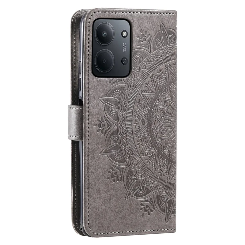 Para Xiaomi Redmi 15C 4G (EU) (173mm) Capa com Suporte Estampada com Totem em Couro PU com Carteira e Alça de Pulso - Cinza