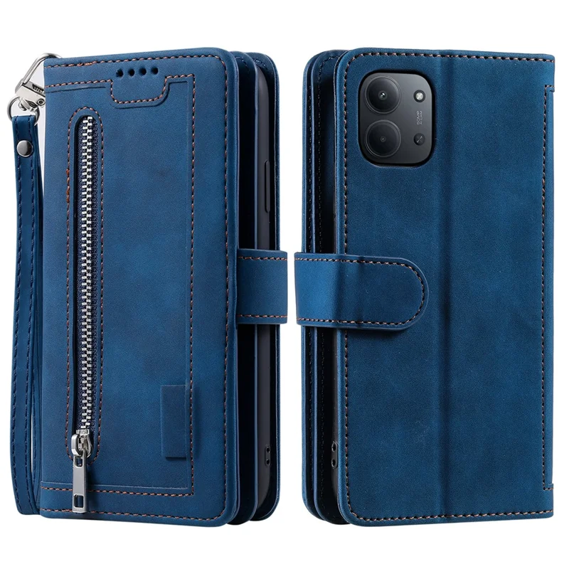 For Xiaomi Redmi 15C 5G (EU) (173mm) / 15C 4G (EU) (173mm) Case 9 Card Slots Zipper Wallet PU Leather Phone Cover with Wrist Strap - Blue