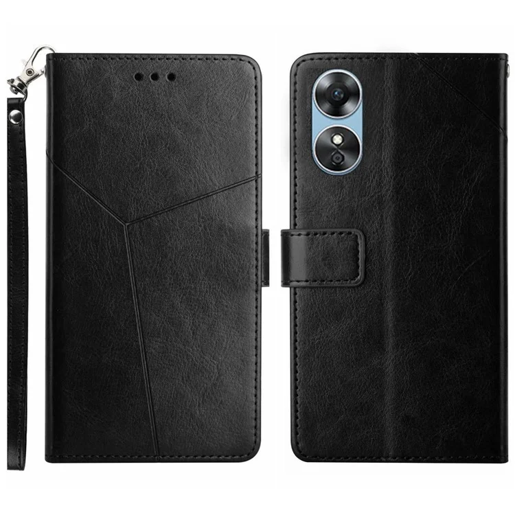 Para Oppo A17 4G HT01 Impresso Linhas em Forma de Yaleta PU Capel Celo Celo Capa Anti-srach Caixa de Telefone Flip Stand With Strap - Preto