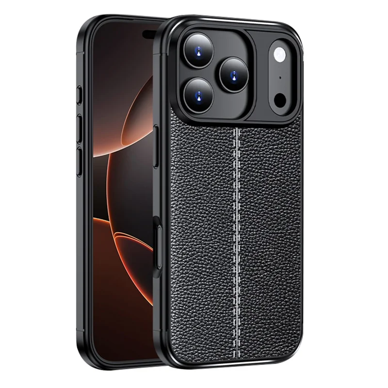 For iPhone 17 Pro Max Case Litchi Texture TPU Flexible Phone Cover - Black