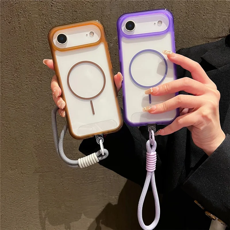 For iPhone 17 Air Magnetic Case with Wrist Strap TPU + PC Crystal Clear Phone Cover - Brown