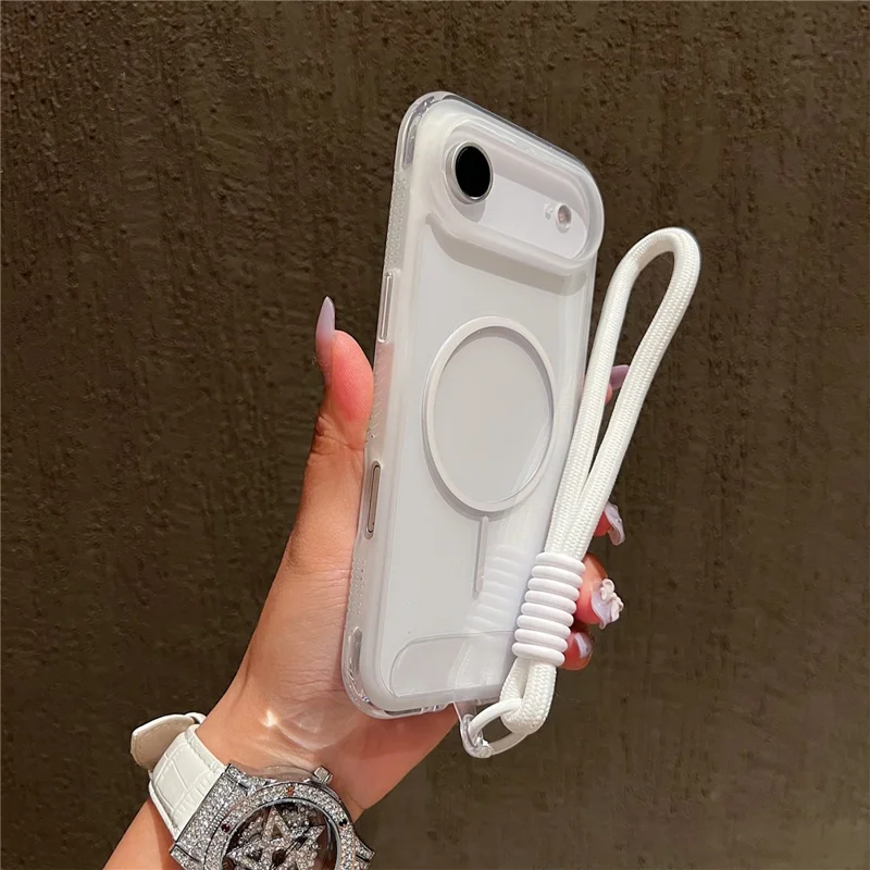 For iPhone Air Magnetic Case with Wrist Strap TPU + PC Crystal Clear Phone Cover - White