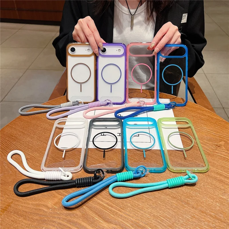 For iPhone Air Magnetic Case with Wrist Strap TPU + PC Crystal Clear Phone Cover - White