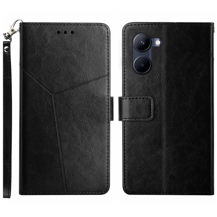 Für Realme C33 4G HT01 Geprinte Y-förmige Linien Telefonhülle Kratzfeste PU Leder Handy Flip Cover Wallet-ständer Mit Riemen - Schwarz