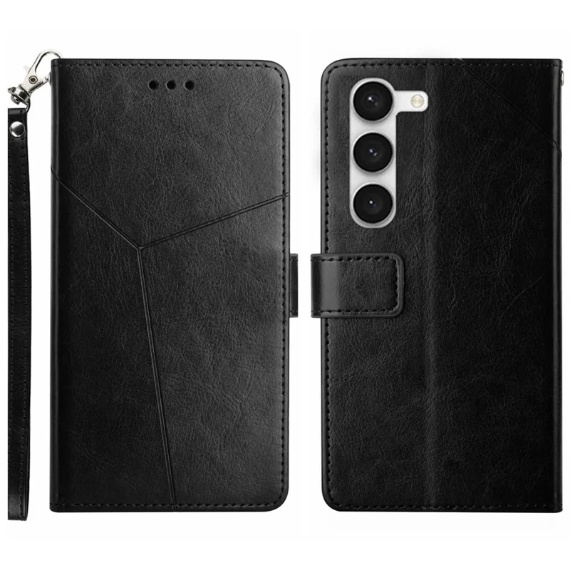 Funda Protectora para Samsung Galaxy S23+, Funda HT01 con Diseño de Líneas en Forma de Y en Cuero PU con Billetera, Soporte y Correa - Negro
