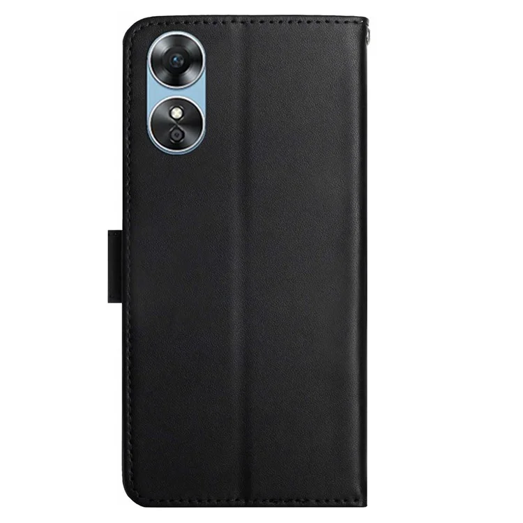 Для Oppo A17 4G HT02 Genuine Leather TPU Wallet Protective Folio Flip Cover Anti-scratch Nappa Texture Phone Stand Case - Black