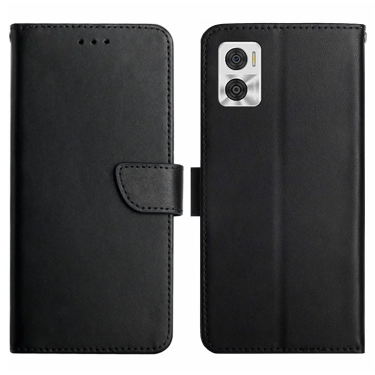 HT02 Genuine Leather Phone Case for Motorola Moto E22 4G / E22i 4G, Nappa Texture Wallet Magnetic Clasp Stand Function Flip Phone Cover - Black