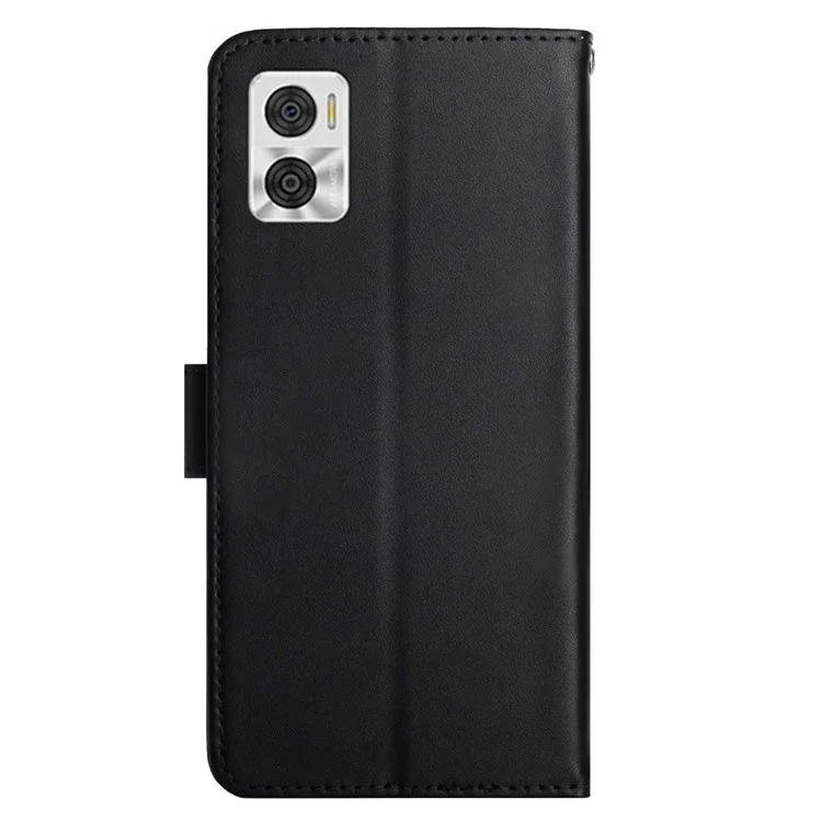 HT02 Genuine Leather Phone Case for Motorola Moto E22 4G / E22i 4G, Nappa Texture Wallet Magnetic Clasp Stand Function Flip Phone Cover - Black