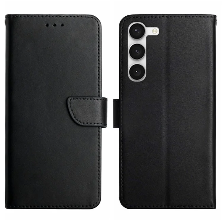 Pour Samsung Galaxy S23 HT02 Nappa Texture Phone Case Genuine Leather Stand Wallet Full Protection Cover - Noir