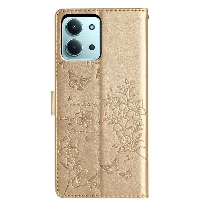 Чехол-книжка для Xiaomi Redmi 15C 4G (171 мм) с рисунком бабочек и цветов, из кожи с ремешком - Золотой
