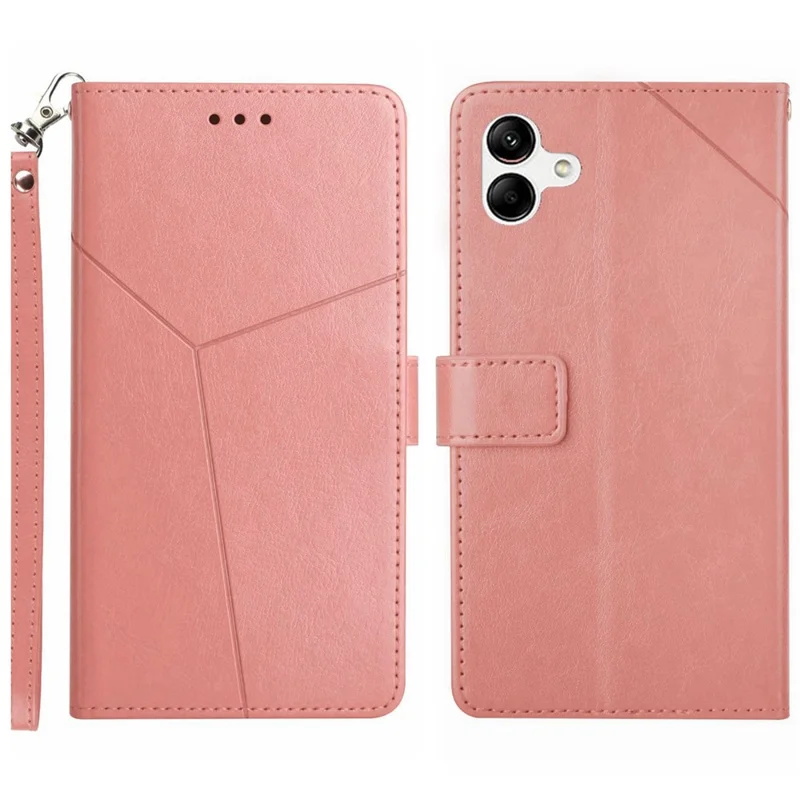 غطاء محفظة قابل للطي مقاوم للسقوط لهاتف Samsung Galaxy A04e 4G من جلد PU بنقوش خطوط على شكل Y مع حامل قابل للطي وحزام - وردي