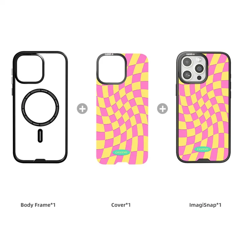 CASEEVO For iPhone 15 Pro Case Compatible with MagSafe TPU Acrylic Magnetic Phone Cover with Detachable Grid Backplate - Yellow / Pink