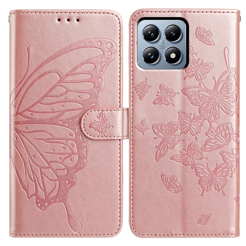 Cover a portafoglio con supporto e farfalle stampate per Xiaomi 15T - Oro Rosa con Cinturino