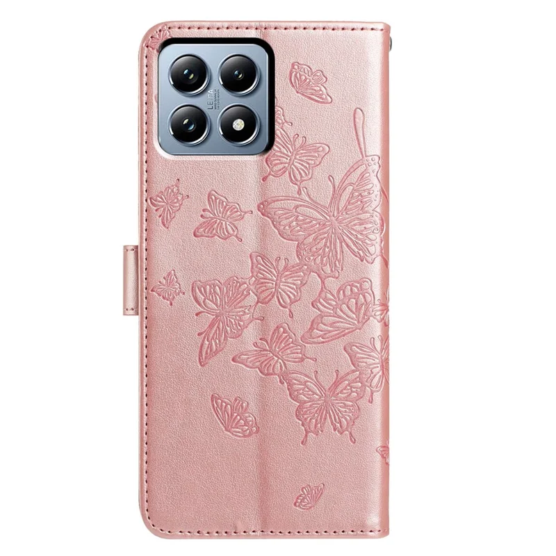 Cover a portafoglio con supporto e farfalle stampate per Xiaomi 15T - Oro Rosa con Cinturino