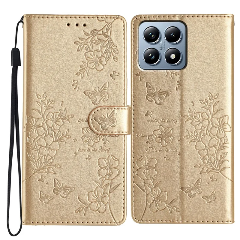 Per Xiaomi 15T Cover a Portafoglio con Stampa di Farfalle Floreali in Pelle con Cinturino - Oro