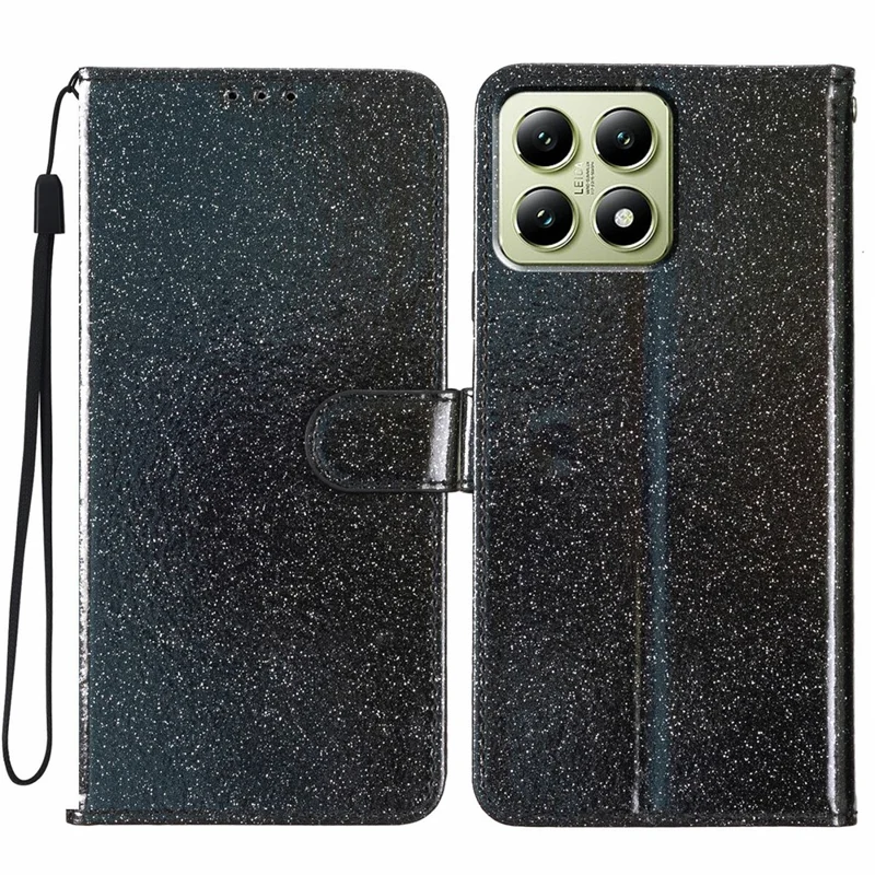 Funda tipo cartera con purpurina para Xiaomi 15T, resistente a rayones, con soporte y correa - Negro