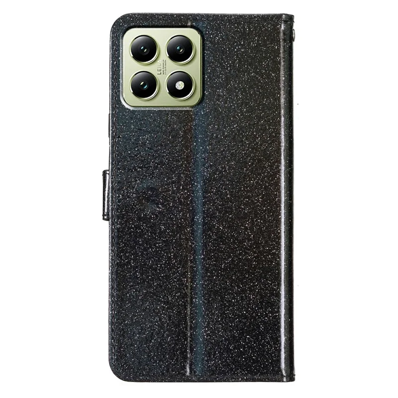 Funda tipo cartera con purpurina para Xiaomi 15T, resistente a rayones, con soporte y correa - Negro