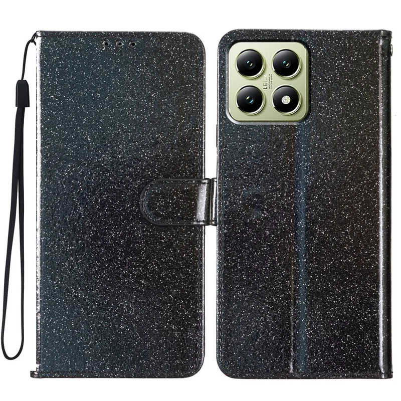Für Xiaomi 15T Pro Geldbörsen-Hülle mit Glitzer, Kratzschutz, Leder-Ständer Handyhülle mit Trageriemen - Schwarz