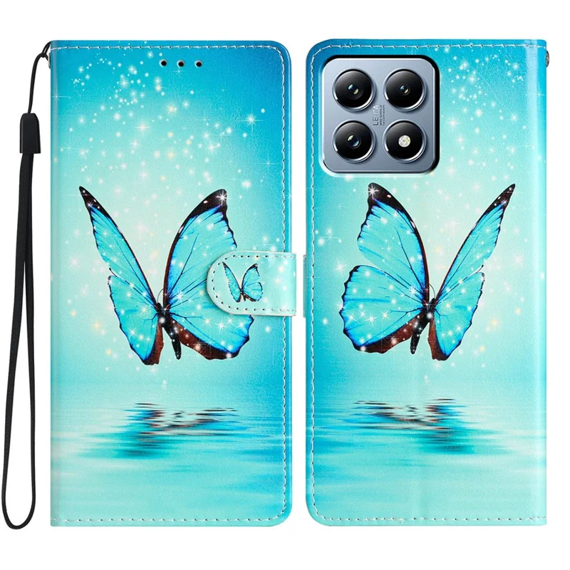 Funda tipo cartera para Xiaomi 15T de cuero sintético con estampado y soporte, correa incluida - Mariposa Azul