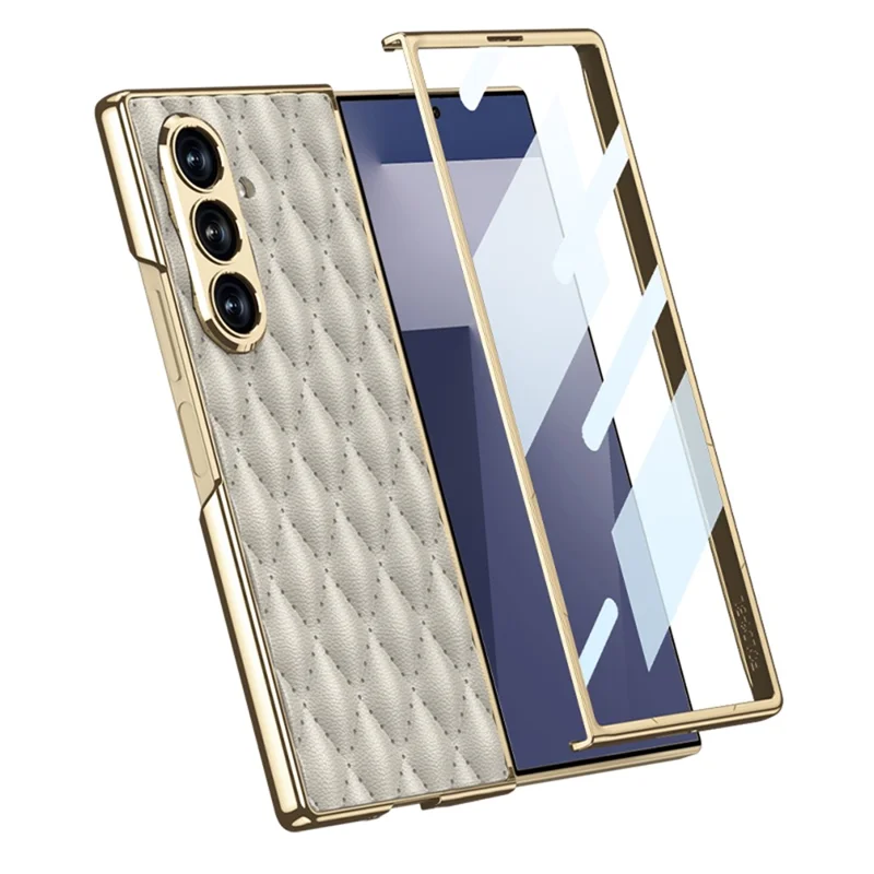 GKK For Samsung Galaxy Z Fold7 5G Case with Glass Film Rhomboid Design Electroplating PC + PU Phone Back Cover - Titanium Grey