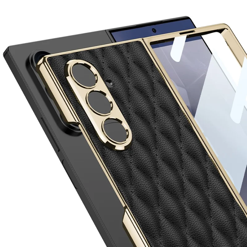GKK For Samsung Galaxy Z Fold7 5G Case with Glass Film Rhomboid Design Electroplating PC + PU Phone Back Cover - Titanium Grey