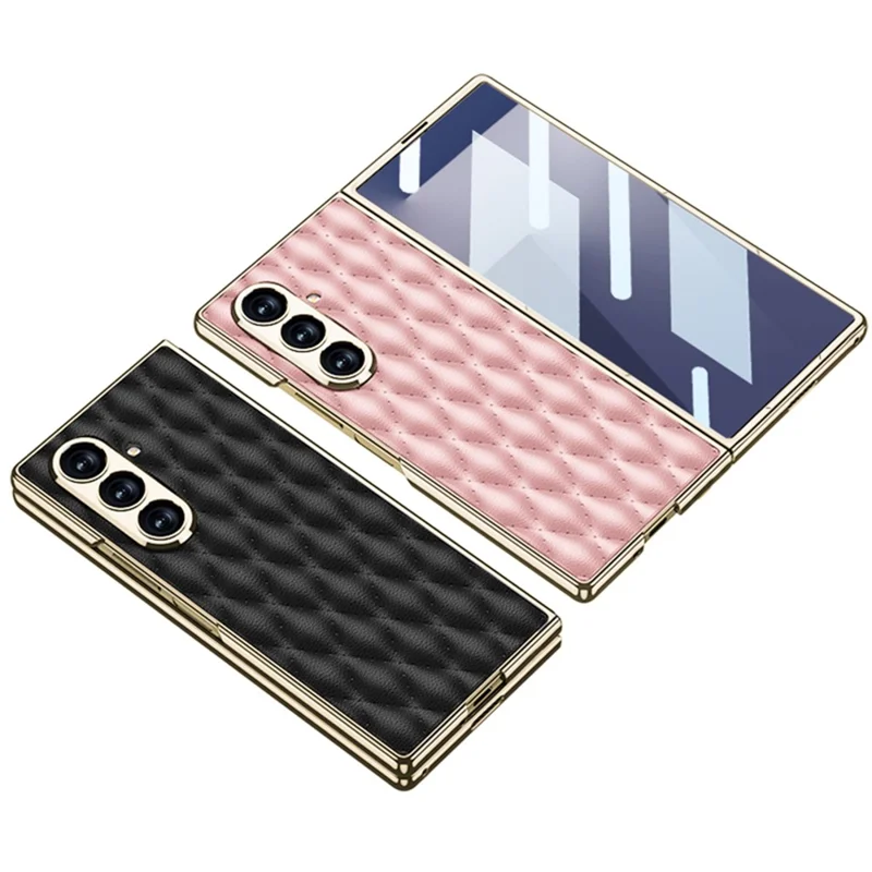 GKK For Samsung Galaxy Z Fold7 5G Case with Glass Film Rhomboid Design Electroplating PC + PU Phone Back Cover - Titanium Grey
