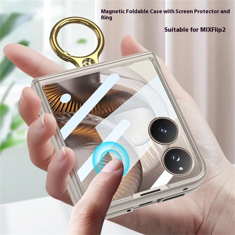 GKK For Xiaomi Mix Flip 2 Case with Ring Kickstand Magnetic Hinge PC + Tempered Glass Phone Cover - Titanium Grey