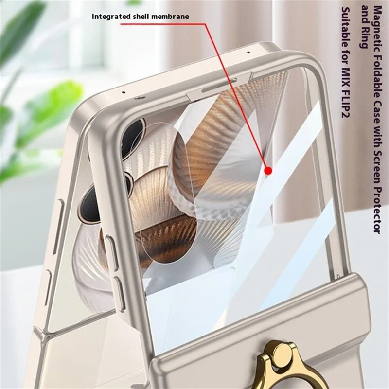 GKK For Xiaomi Mix Flip 2 Case with Ring Kickstand Magnetic Hinge PC + Tempered Glass Phone Cover - Titanium Grey