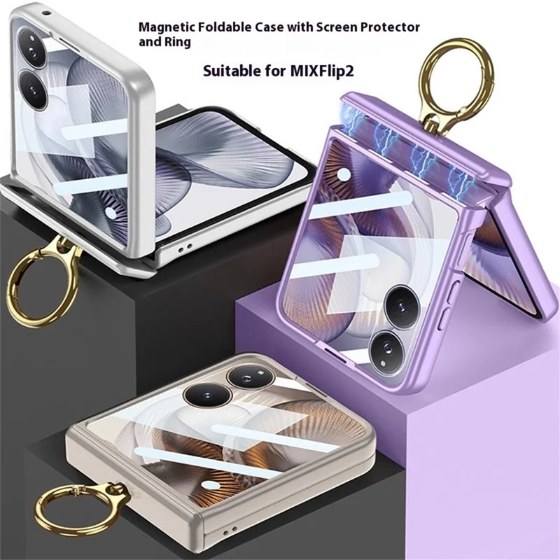 GKK For Xiaomi Mix Flip 2 Case with Ring Kickstand Magnetic Hinge PC + Tempered Glass Phone Cover - Titanium Grey