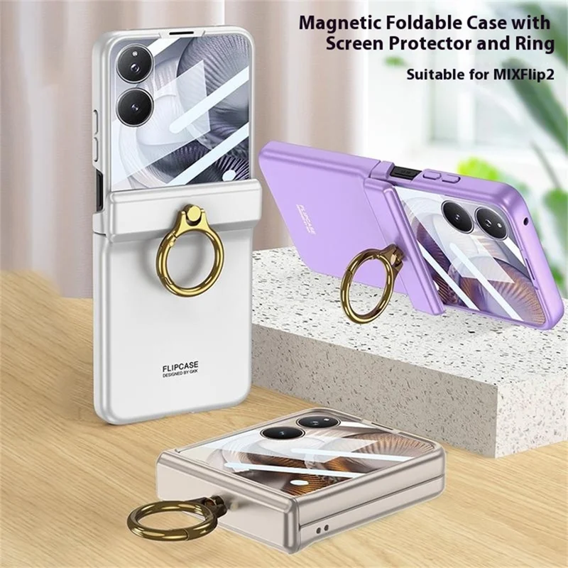 GKK For Xiaomi Mix Flip 2 Case with Ring Kickstand Magnetic Hinge PC + Tempered Glass Phone Cover - Titanium Grey