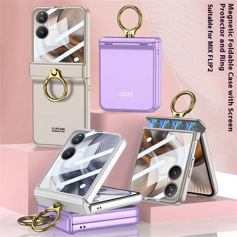 GKK For Xiaomi Mix Flip 2 Case with Ring Kickstand Magnetic Hinge PC + Tempered Glass Phone Cover - Titanium Grey