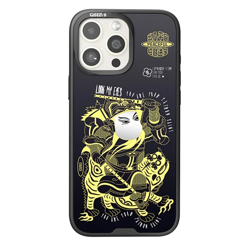 CASEEVO For iPhone 15 Pro Max Case with Detachable Door-god Backplate TPU Acrylic Phone Cover Compatible with MagSafe - Black Gold Yuchi Gong