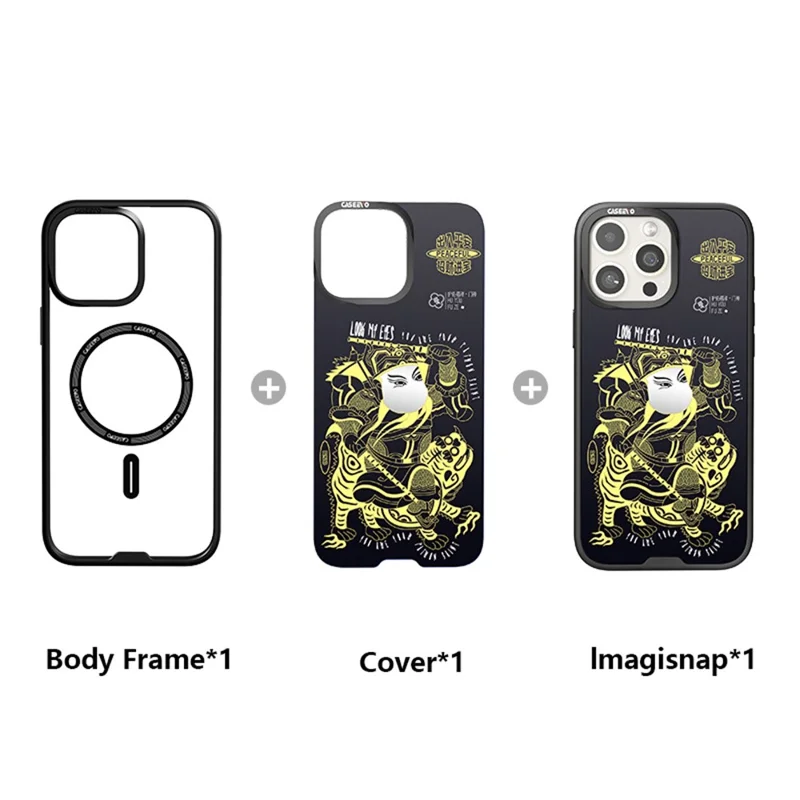 CASEEVO For iPhone 15 Pro Max Case with Detachable Door-god Backplate TPU Acrylic Phone Cover Compatible with MagSafe - Black Gold Yuchi Gong