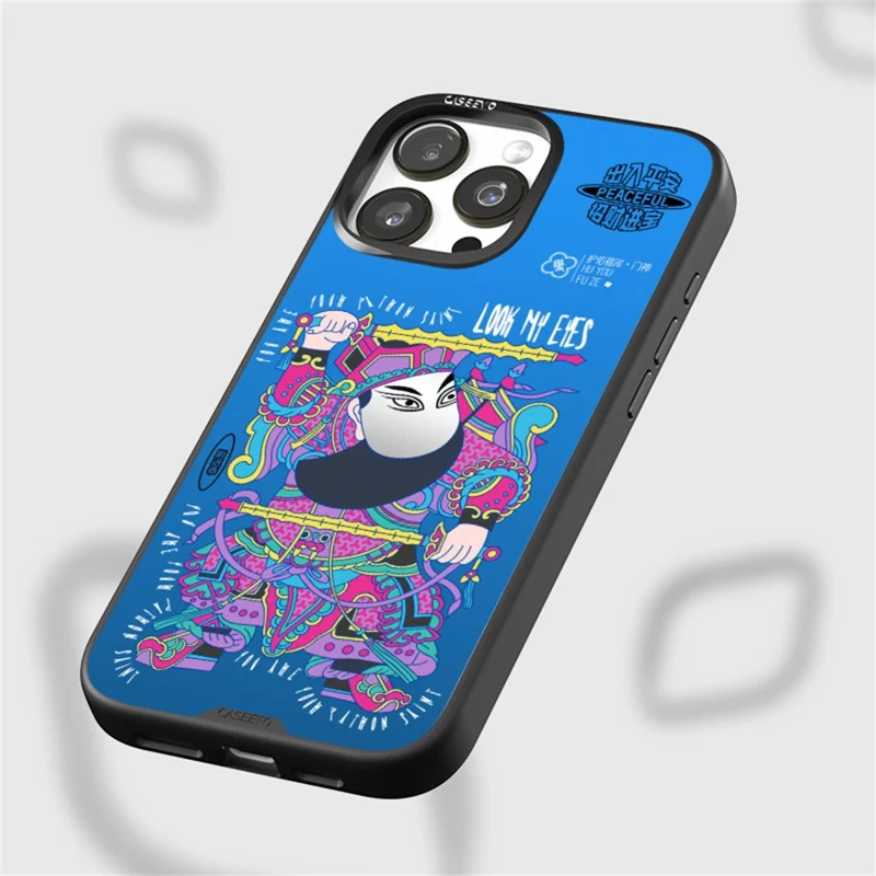 CASEEVO For iPhone 15 Pro Max Case with Detachable Door-god Backplate TPU Acrylic Phone Cover Compatible with MagSafe - Black Gold Yuchi Gong