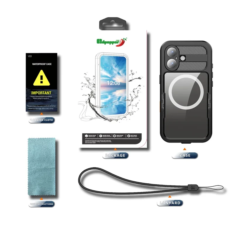 REDPEPPER Para iPhone 17 Capa à Prova d'Água IP68 com Tampa Traseira Transparente Compatível com MagSafe - Preto