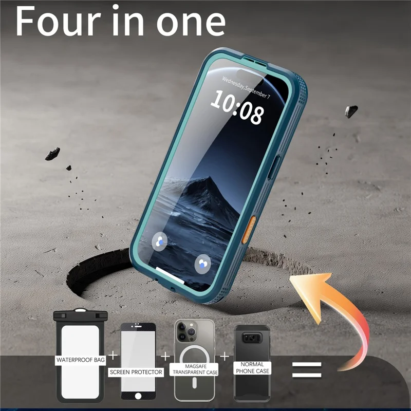 REDPEPPER Para iPhone 17 Pro Capa à Prova d'Água IP68 com Parte Traseira Transparente Compatível com MagSafe - Ciano+Azul Lago