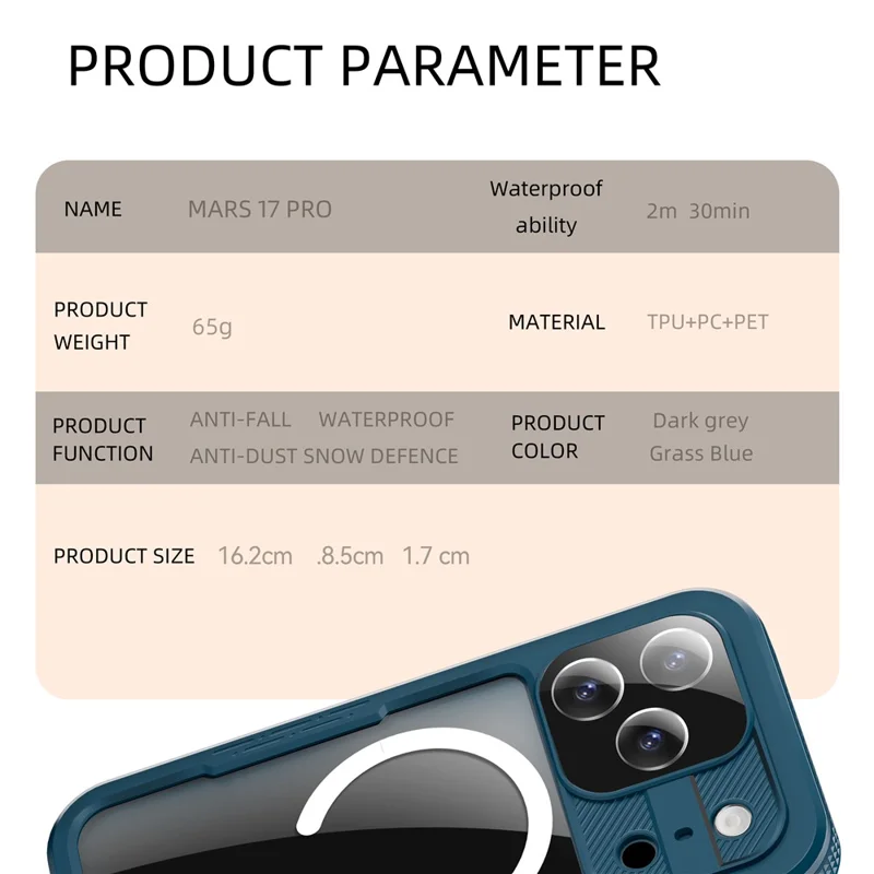 REDPEPPER Para iPhone 17 Pro Capa à Prova d'Água IP68 com Parte Traseira Transparente Compatível com MagSafe - Ciano+Azul Lago