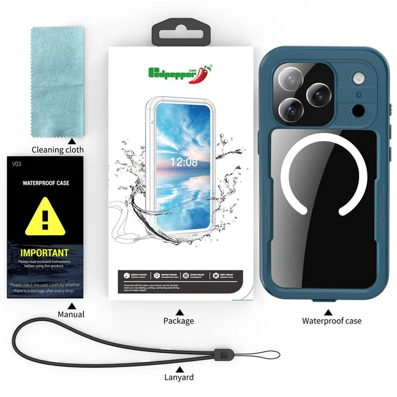 REDPEPPER Para iPhone 17 Pro Capa à Prova d'Água IP68 com Parte Traseira Transparente Compatível com MagSafe - Ciano+Azul Lago