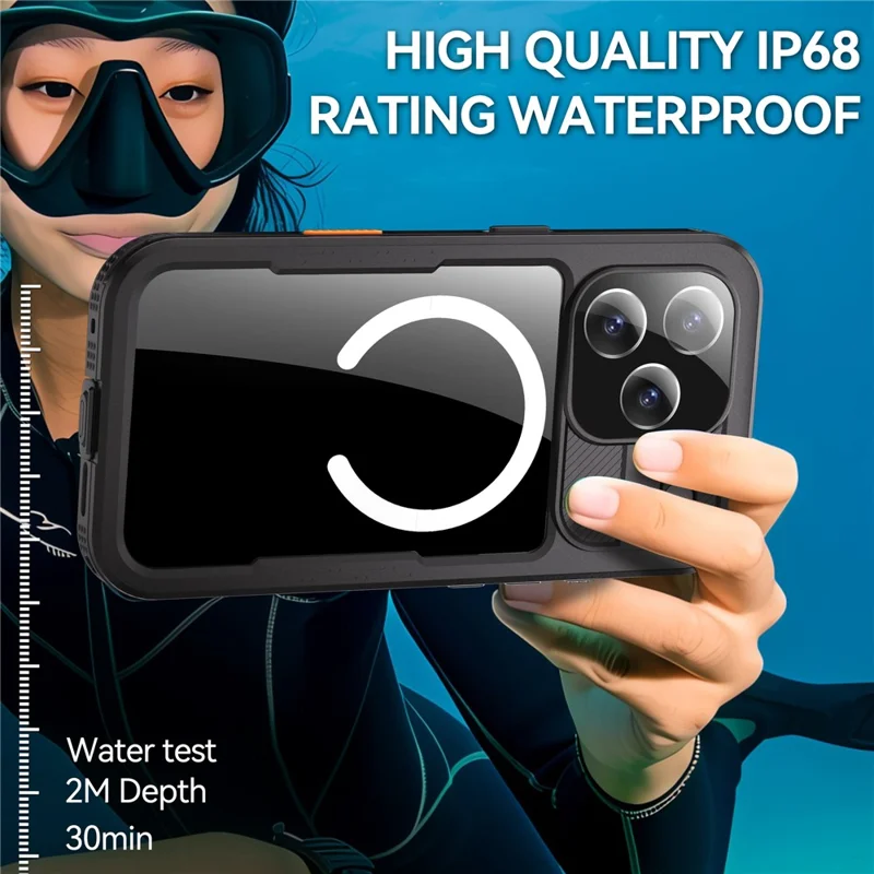 REDPEPPER Étui étanche IP68 pour iPhone 17 Pro, coque arrière transparente compatible avec MagSafe - Noir