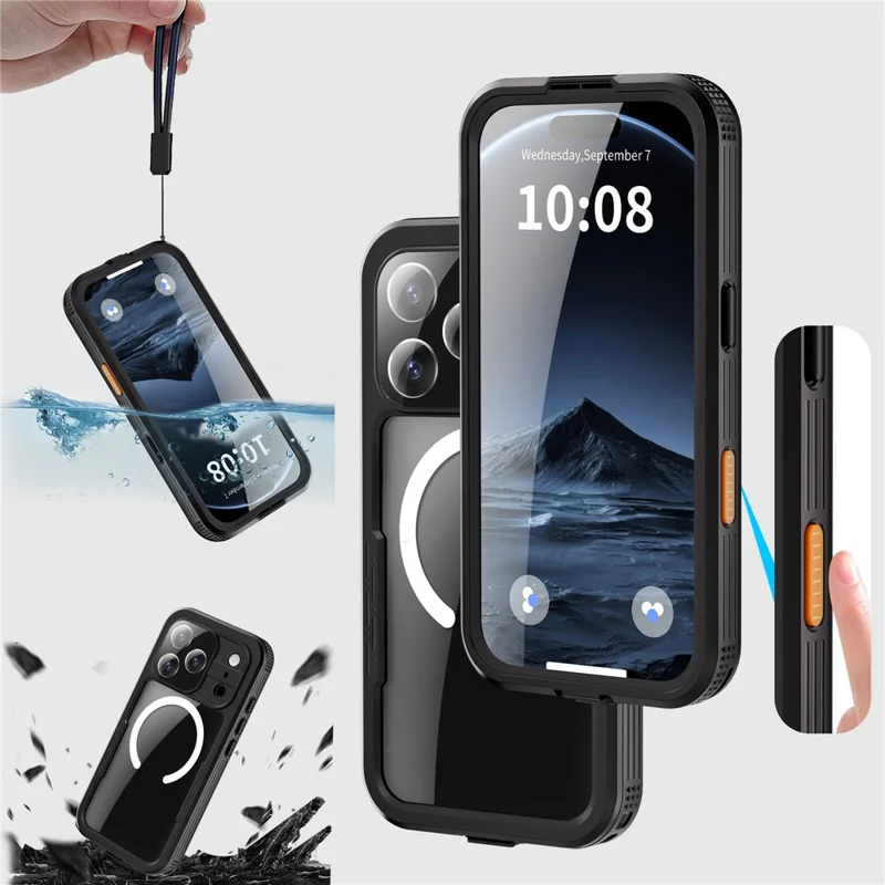 REDPEPPER Étui étanche IP68 pour iPhone 17 Pro, coque arrière transparente compatible avec MagSafe - Noir