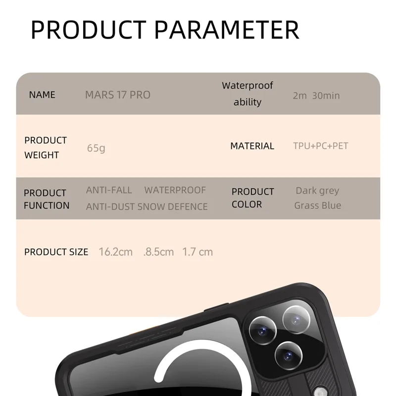 REDPEPPER Étui étanche IP68 pour iPhone 17 Pro, coque arrière transparente compatible avec MagSafe - Noir