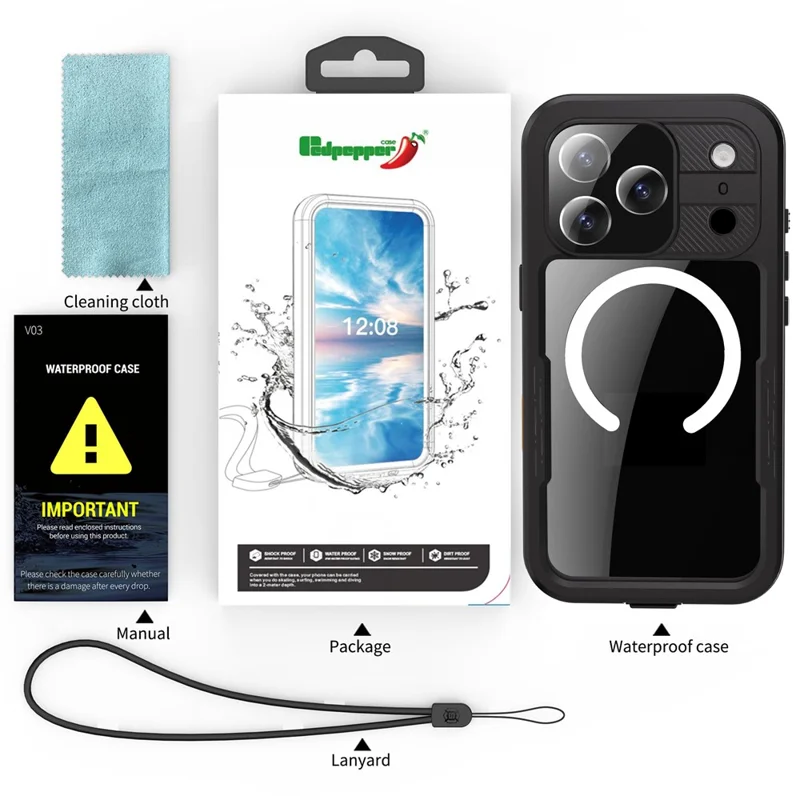 REDPEPPER Étui étanche IP68 pour iPhone 17 Pro, coque arrière transparente compatible avec MagSafe - Noir
