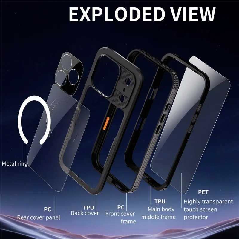 REDPEPPER Étui étanche IP68 pour iPhone 17 Pro, coque arrière transparente compatible avec MagSafe - Noir