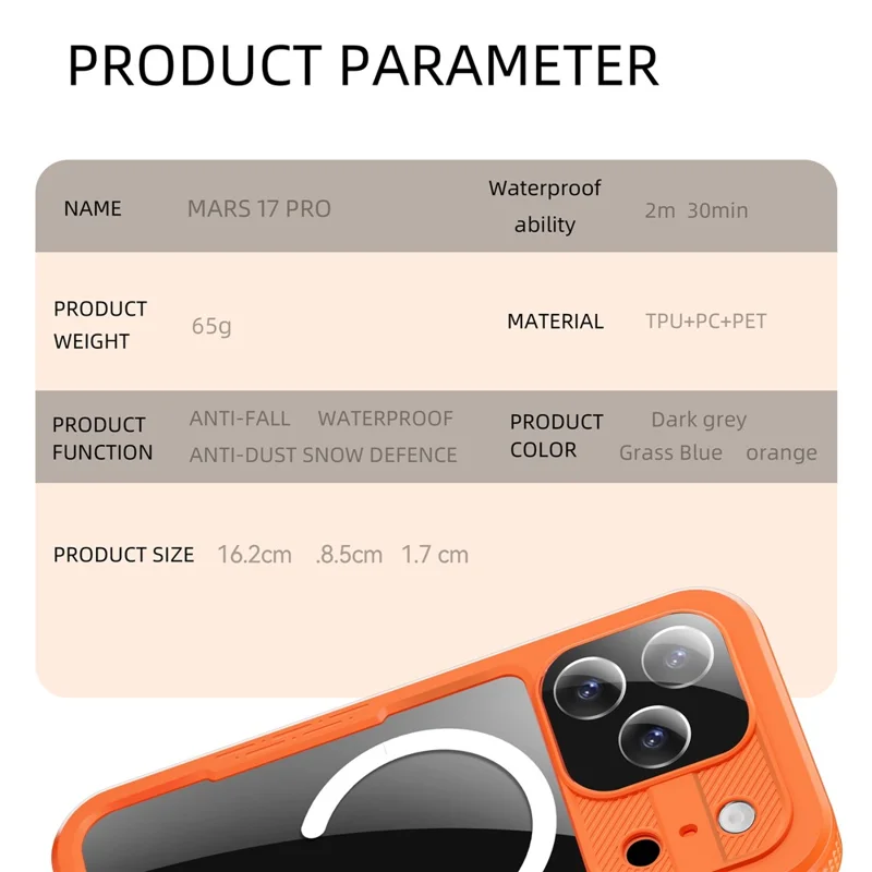 REDPEPPER For iPhone 17 Pro IP68 Waterproof Case Clear Back Phone Cover Compatible with MagSafe - Orange