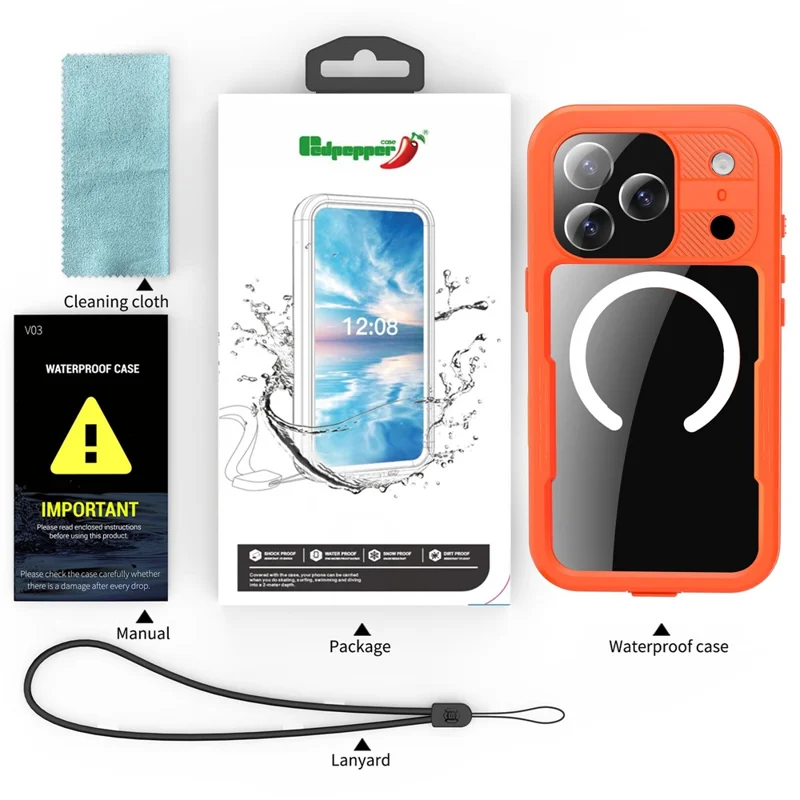 REDPEPPER For iPhone 17 Pro IP68 Waterproof Case Clear Back Phone Cover Compatible with MagSafe - Orange