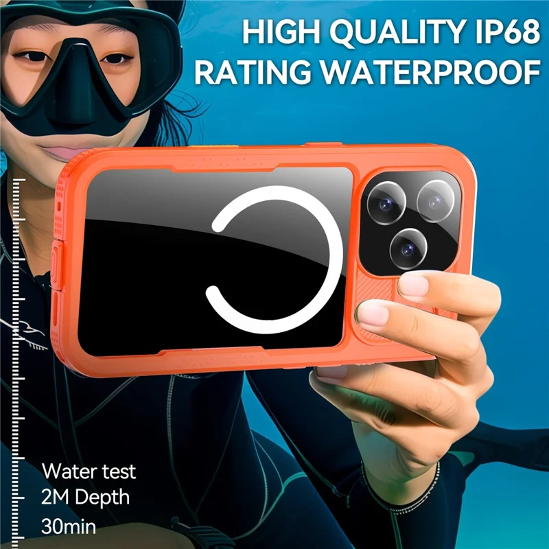 REDPEPPER For iPhone 17 Pro IP68 Waterproof Case Clear Back Phone Cover Compatible with MagSafe - Orange