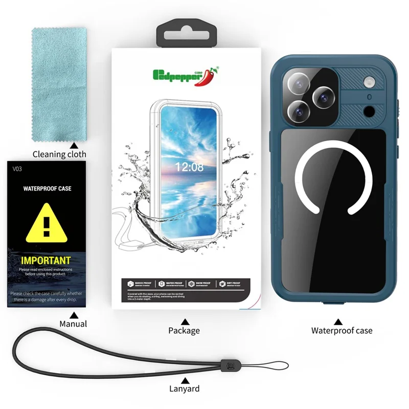 REDPEPPER For iPhone 17 Pro Max IP68 Waterproof Case Clear Back Phone Cover Compatible with MagSafe - Blue