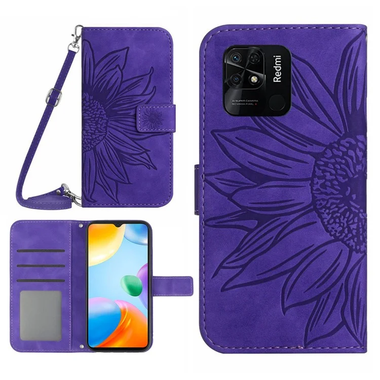 For Xiaomi Redmi 10C 4G HT04 Sunflower Imprinted Skin-Touch Anti-scratch Phone Case Magnetic Clasp PU Leather Wallet Cover Stand with Shoulder Strap - Dark Purple